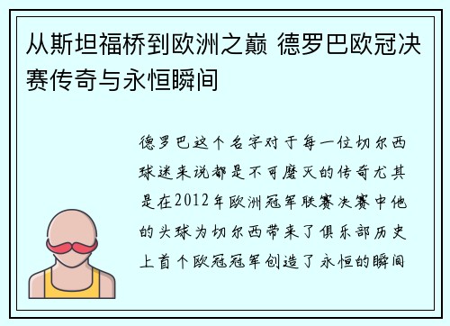 从斯坦福桥到欧洲之巅 德罗巴欧冠决赛传奇与永恒瞬间