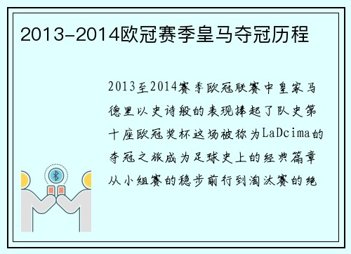 2013-2014欧冠赛季皇马夺冠历程